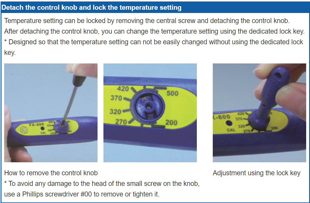 Hakko_ FX600 Temperature Adjustable Soldering Iron 50W - how to detach control knob and lock temperature settings